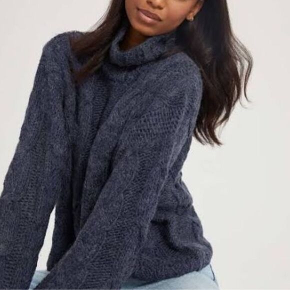 Revolve Something Navy Cableknit Turtleneck Chunky Blue Cable Knit Sweater SZ M - Picture 9 of 10